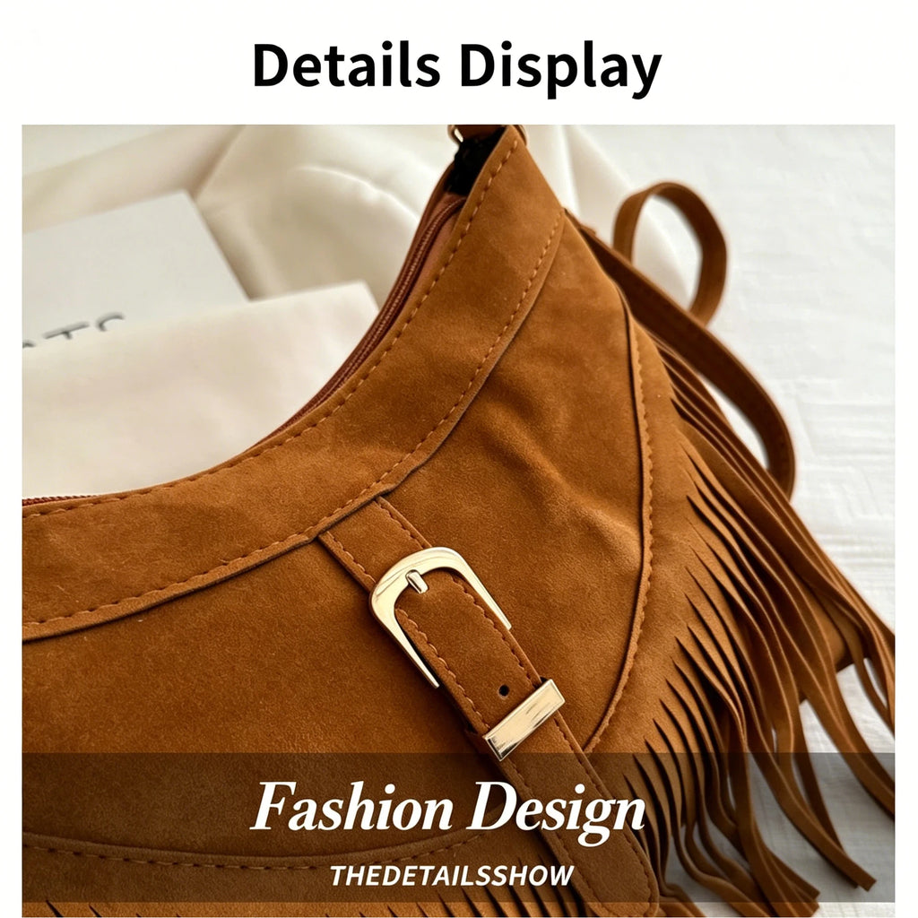 Mala Transversal Suede Fringe - Detalhe de Franjas Boho com Acabamento Vintage