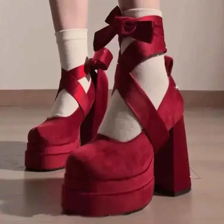 Sapato Mary Jane Wine Platform - Salto Bloco Geométrico com Meia-Pata Premium