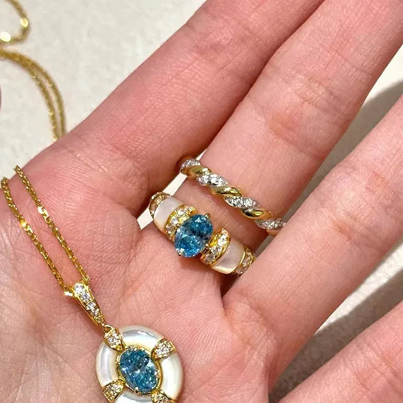 Conjunto Solitário Azul Água-Marinha - Colar e Anel de Luxo