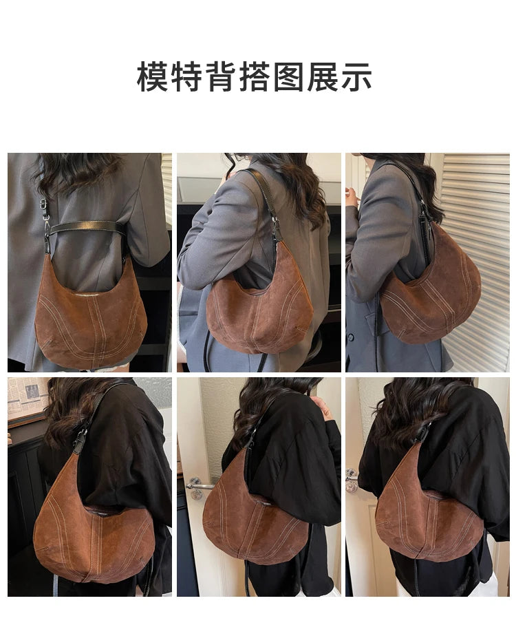 Mala Hobo Suede Stitch - Design de Costuras Retrô em Camurça Soft Versátil