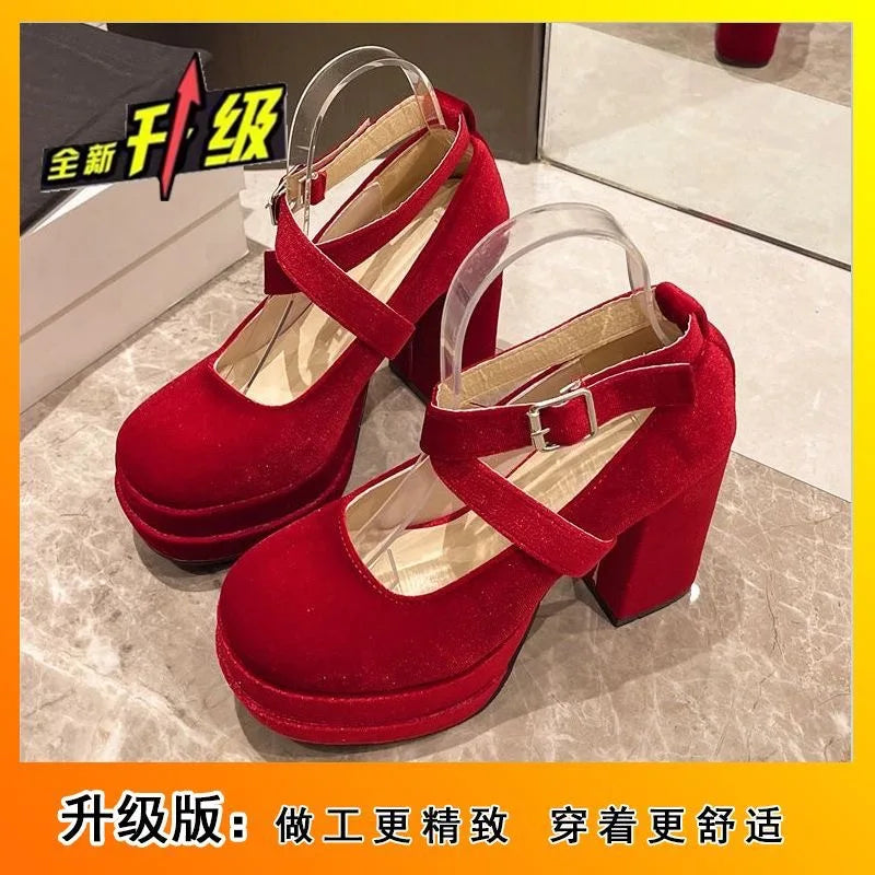 Sapato Mary Jane Wine Platform - Salto Bloco Geométrico com Meia-Pata Premium