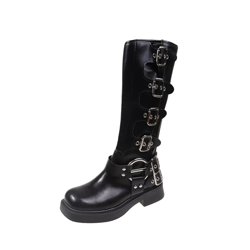 Bota Cano Alto Combat Shadow - Design Plataforma com Fivelas de Alta Moda