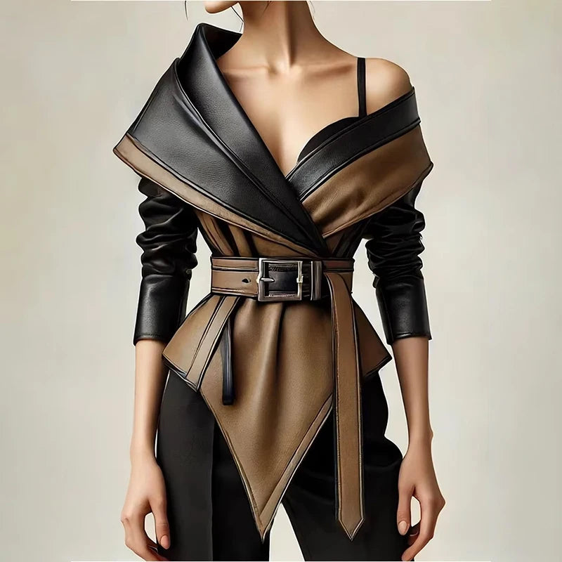 Jaqueta Assimétrica Avant-Garde - Design One-Shoulder com Barra Irregular e Fivelas