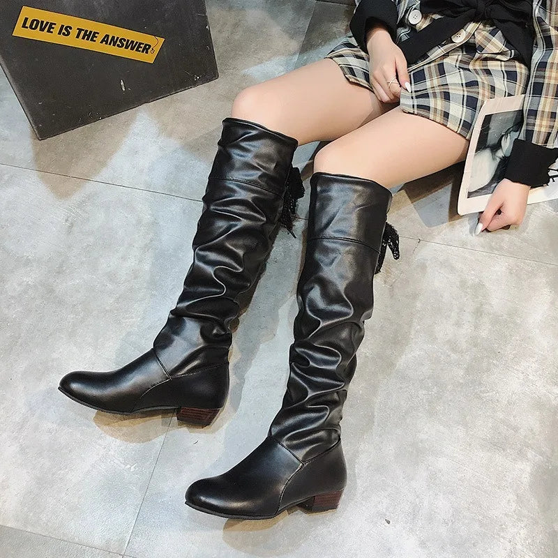 Bota Cano Alto Scarlet Pleated - Design Plissado com Salto Bloco Baixo Confort