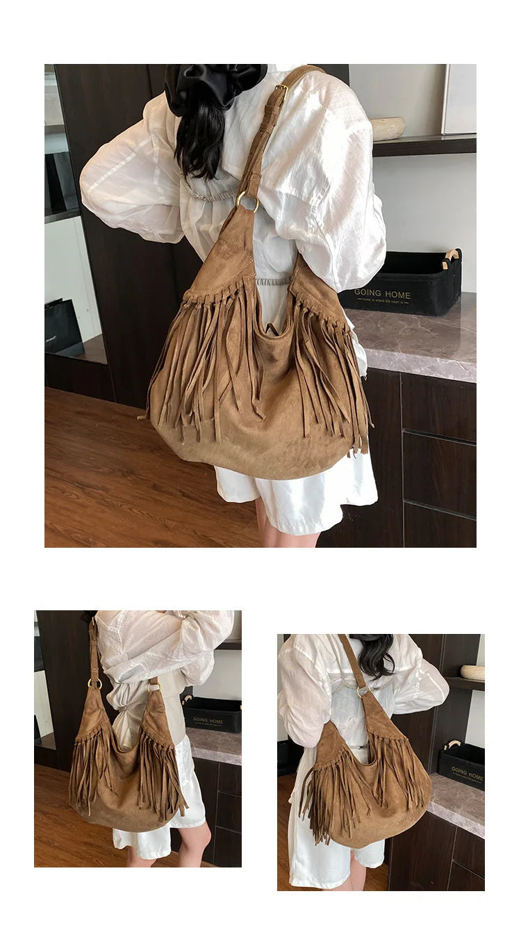 Mala Hobo Suede Tassels - Estilo Boho Chique com Detalhe de Franja em Camurça Soft