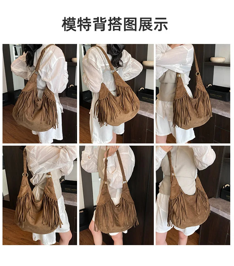 Mala Hobo Suede Tassels - Estilo Boho Chique com Detalhe de Franja em Camurça Soft
