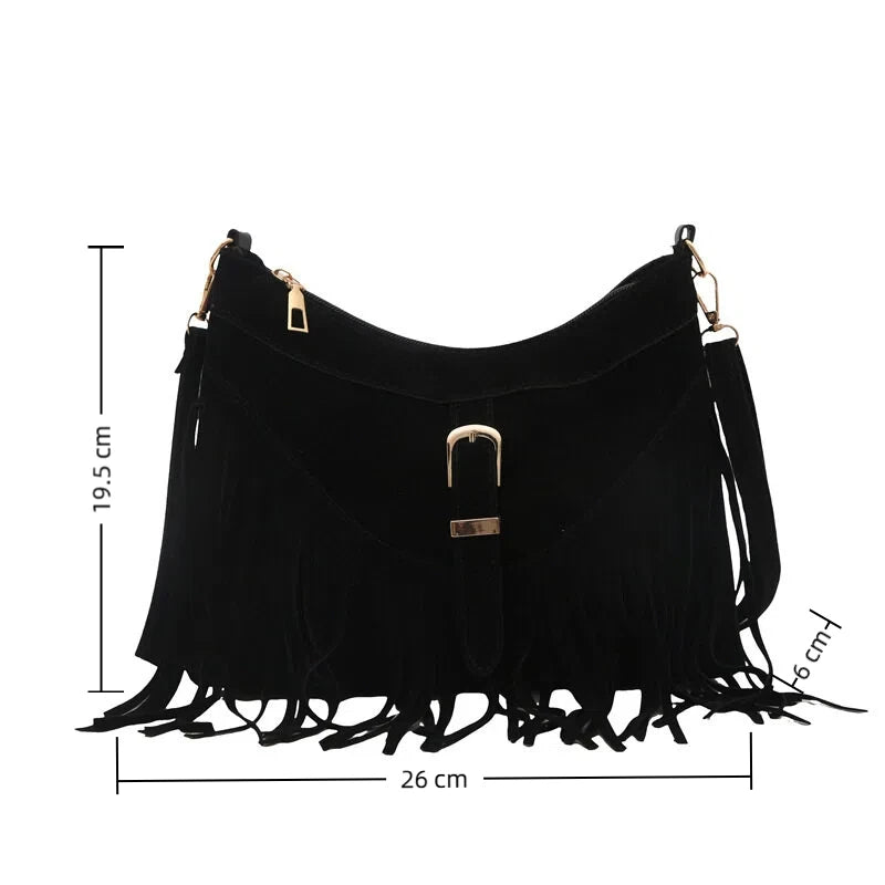 Mala Transversal Suede Fringe - Detalhe de Franjas Boho com Acabamento Vintage