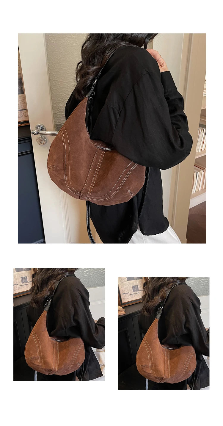 Mala Hobo Suede Stitch - Design de Costuras Retrô em Camurça Soft Versátil